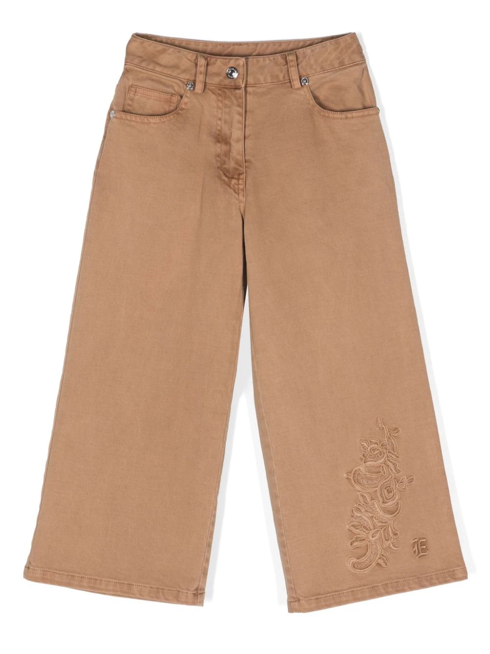 Beige Wide Jeans With Floral Lace and Monogram Logo - ERMANNO